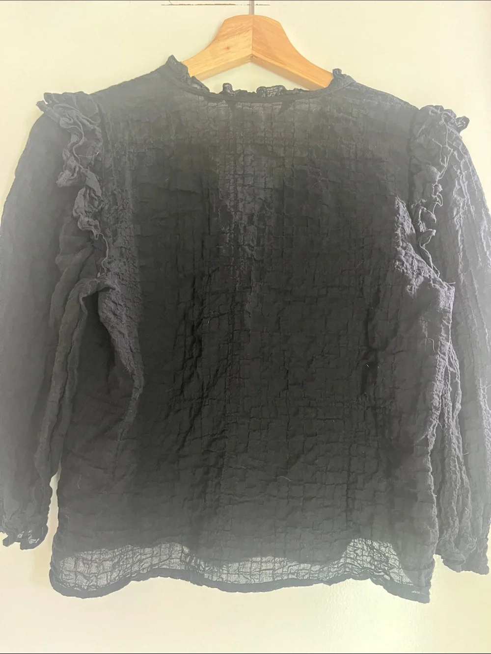 Zara Terez Black Sheer Ruffle Textured Button Front Blouse Boho Romantic Top